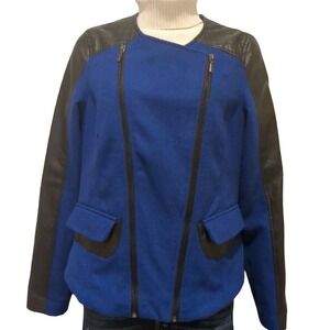 Yoki New York Blue wool blend Black Moto Jacket Faux Leather Zipper Pockets S